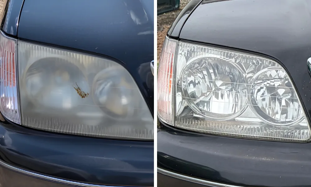 Fogged sedan headlight next to the same lens professionally restored, our own work