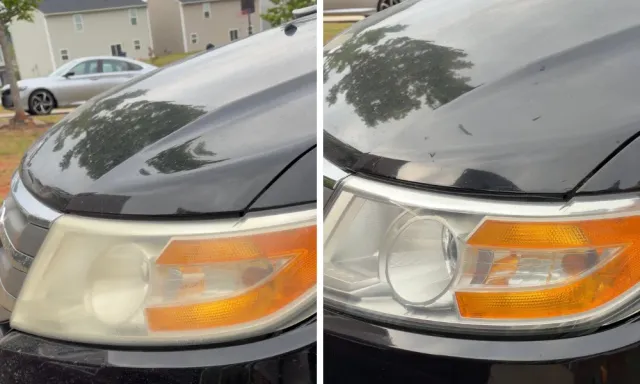 Black SUV headlight with chalky haze removed, our own work