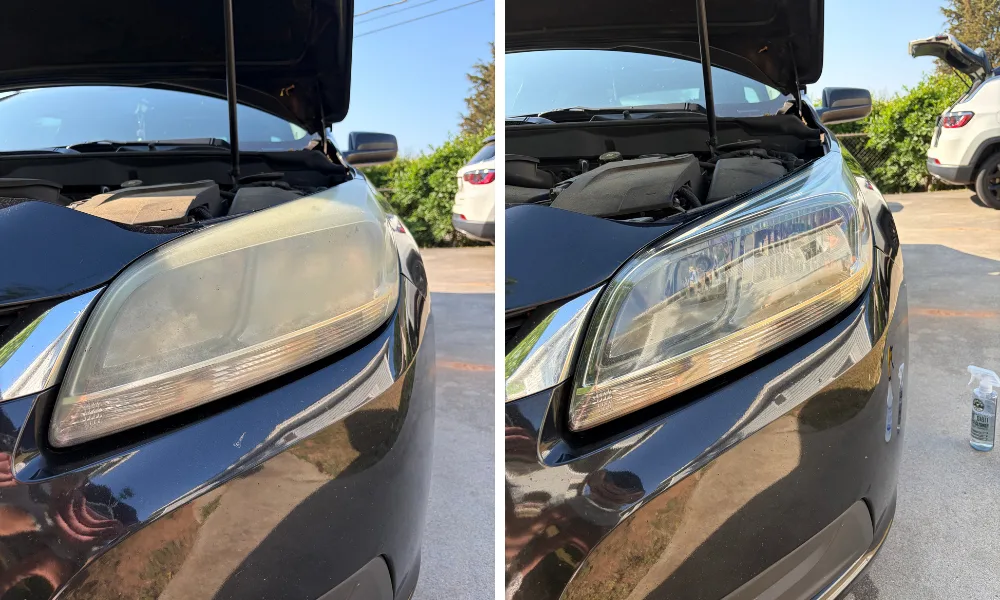 Oxidized SUV headlight next to the same lens after restoration, our own work