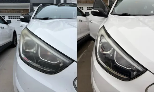 White Hyundai Tucson headlight before and after restoration, our own work