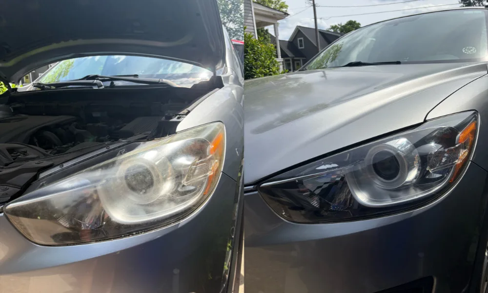 Cloudy headlight next to the same lens after professional restoration, our own work