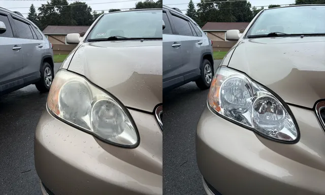Toyota Corolla headlight in Fitchburg, Massachusetts, clouded before and clear after restoration