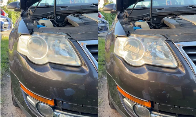 Volkswagen headlight in Fitchburg, Massachusetts, amber before and clear after restoration
