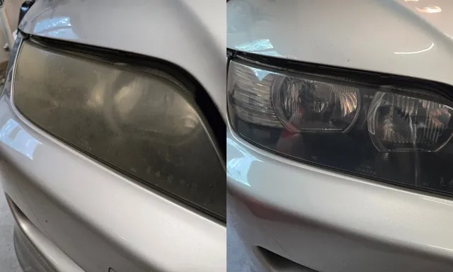 BMW headlight in Harvard, Massachusetts, almost opaque before and clear after restoration