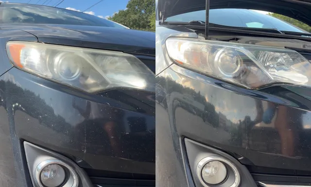 Toyota Camry headlight in Leominster, Massachusetts, yellowed before and clear after restoration