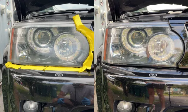 Range Rover headlight in Stow, Massachusetts, masked off and restored